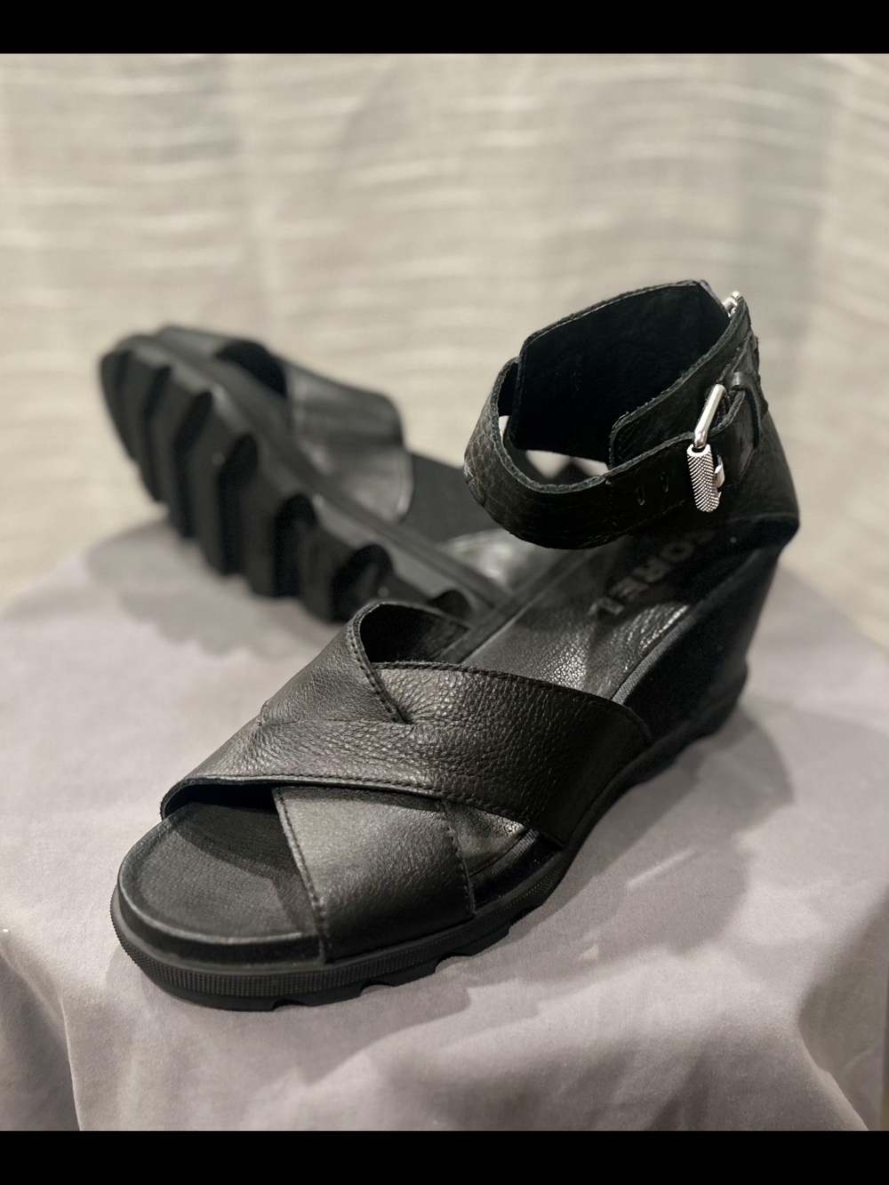 Sorel Black Leather Crisscross Ankle-Wedge Sandals